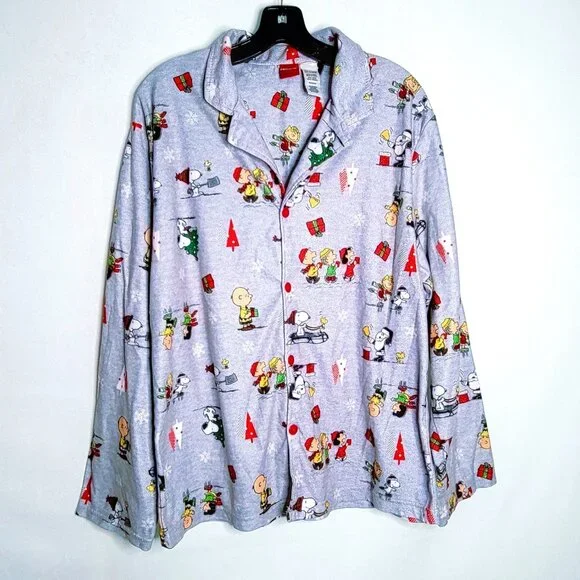 Peanuts Christmas Pajama Set Womens Large Gray Snoopy Charlie Brown Flannel PJs - Picture 3 of 16